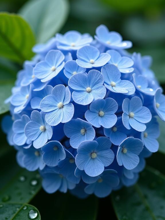 雨粒が輝く美しい青色の紫陽花（あじさい）のクローズアップ。