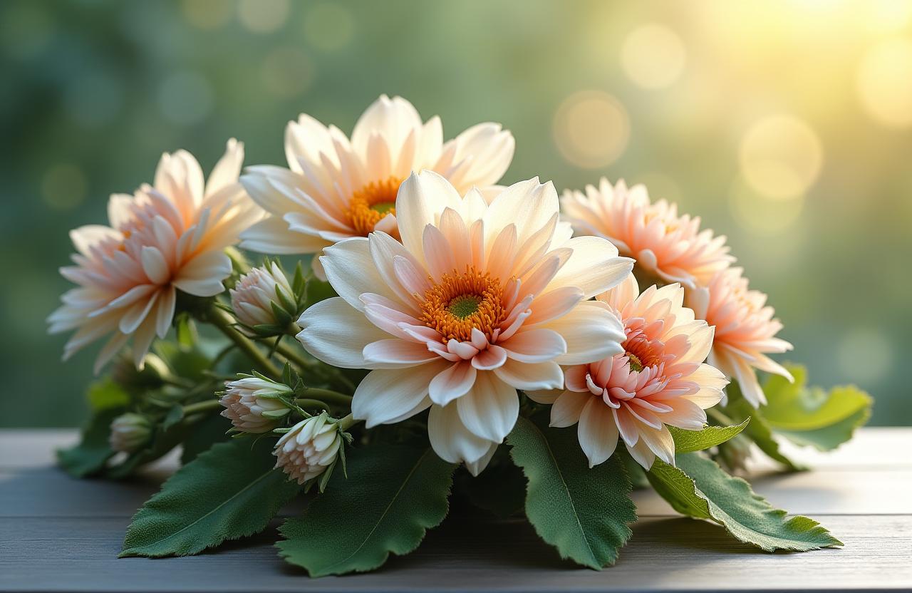 森の花によって作られた、繊細で芸術的なフラワーアレンジメント。