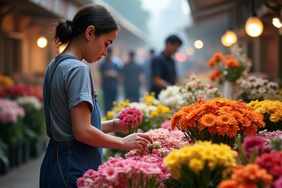 早朝の花市場で真剣に花を選ぶフローリスト。