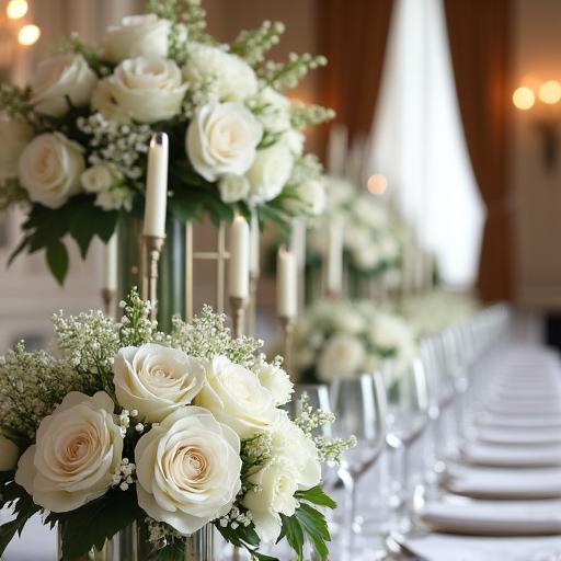 結婚式場を華やかに彩る白い花のイベント装花。